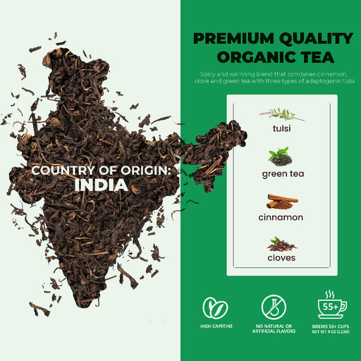 Gardenika Shop Tulsi Spicy Chai Green Loose Tea, Natural Energy & Focus Support - Ayurvedic Blend with Tulsi (Holy Basil) - Cinnamon & Cloves - Low Caffeine - Organic & Kosher Loose Leaf Tea