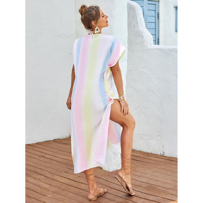 Slit Striped Notched Short Sleeve Cover Up