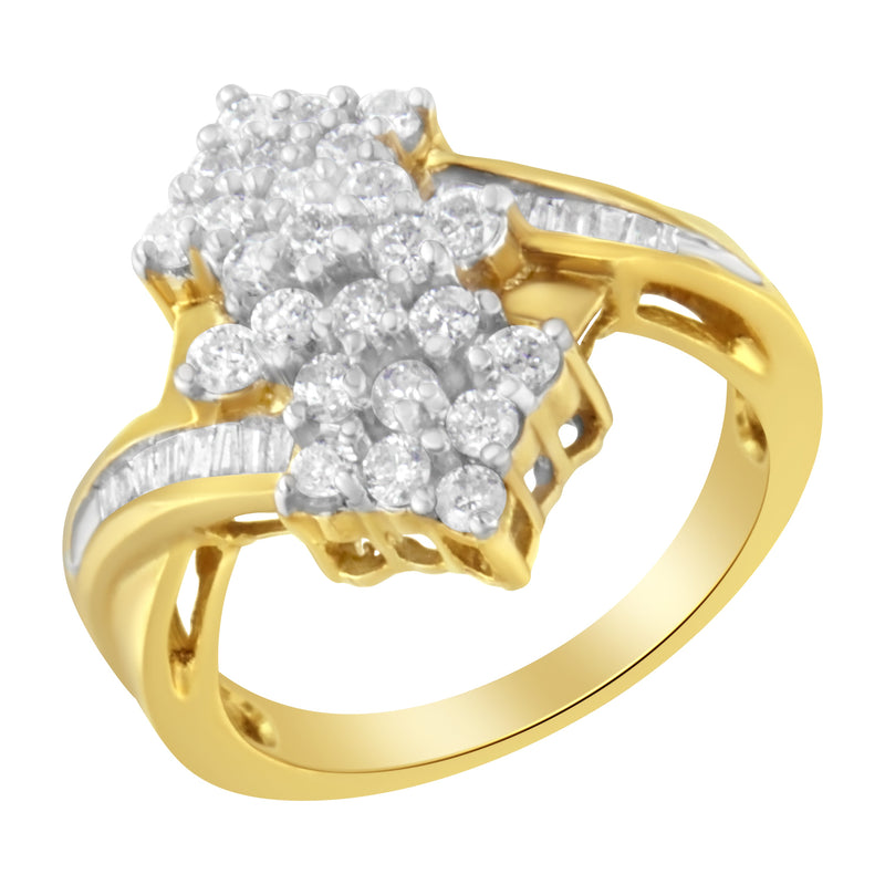 Bids.com 10K Yellow Gold Round And Baguette Cut Diamond Cluster Ring (1 1/10 Cttw, H-I Color, SI2-I1 Clarity) - Size 7 Rings