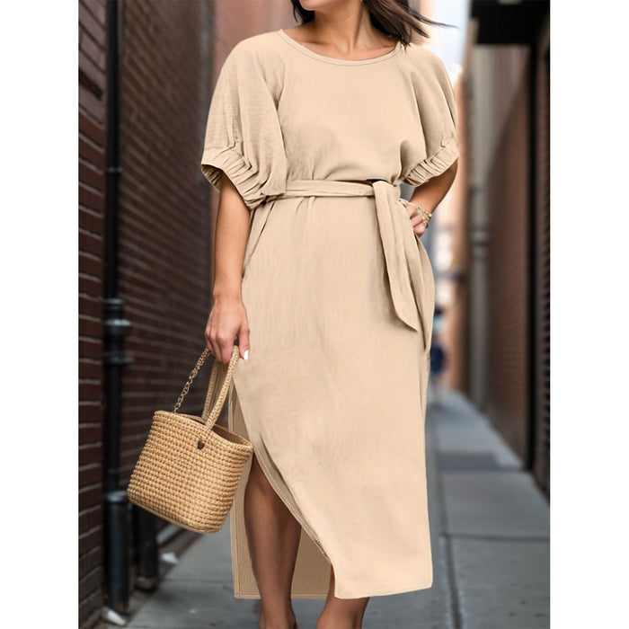 Slit Round Neck Tie Waist Midi Dress