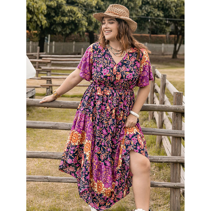 Plus Size Printed V-Neck Flutter Sleeve Midi Dress