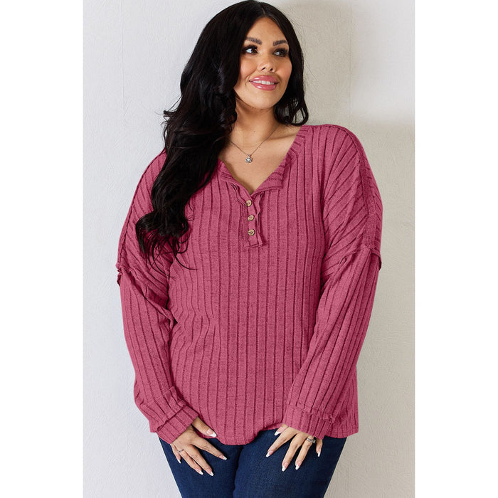 Basic Bae Ribbed Half Button Long Sleeve T-Shirt