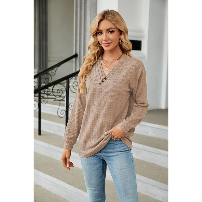 Decorative Button V-Neck Long Sleeve T-Shirt