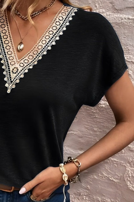 Lace Detail V-Neck Short Sleeve T-Shirt