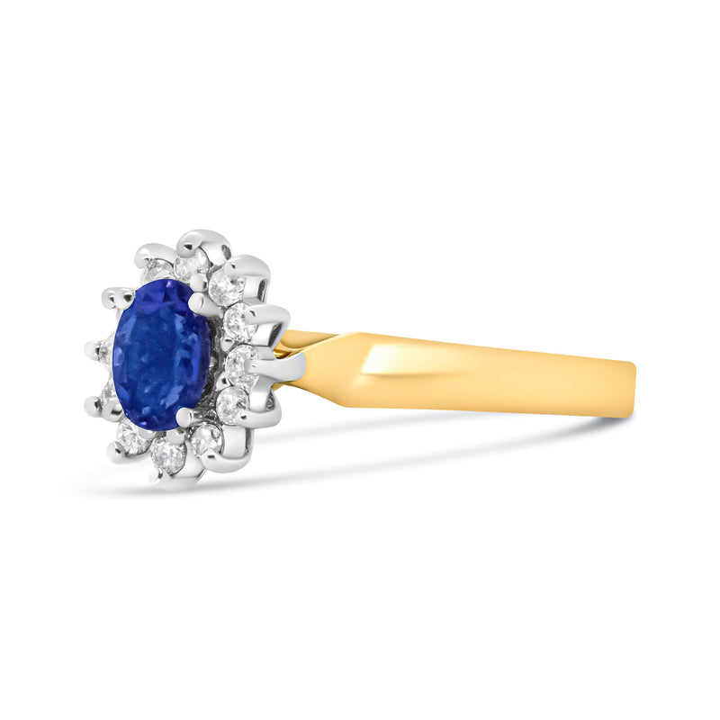 Bids.com 14K Yellow Gold 1/5 Cttw Round Diamond and 6x4mm Oval Blue Tanzanite Halo Ring (H-I Color, I1-I2 Clarity) - Size 7.75 Rings