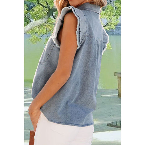 Raw Hem Button Up Cap Sleeve Denim Top