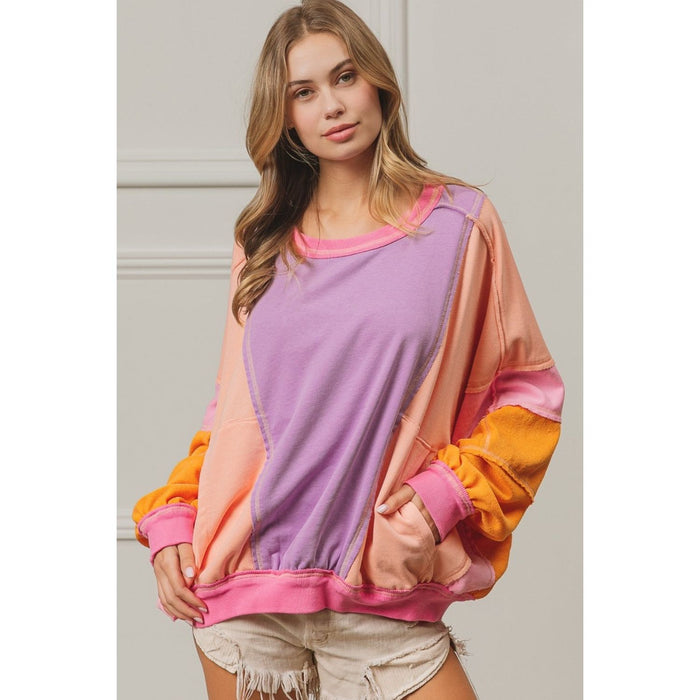 Color Block Exposed Seam Sweatshirt with Pockets