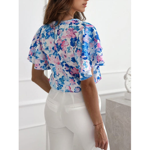 Floral Round Neck Flutter Sleeve Blouse