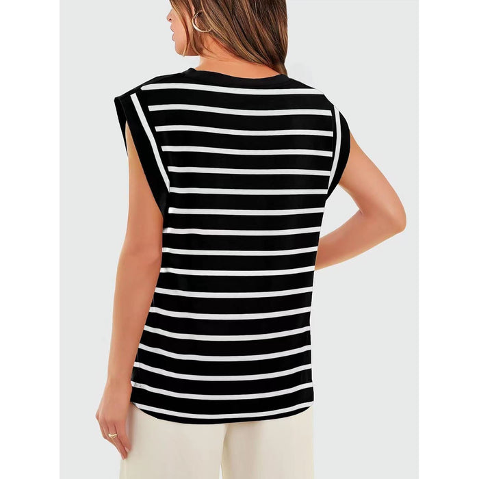 Striped Round Neck Cap Sleeve T-Shirt