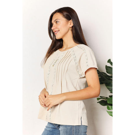 Double Take Crochet Buttoned Short Sleeves Top