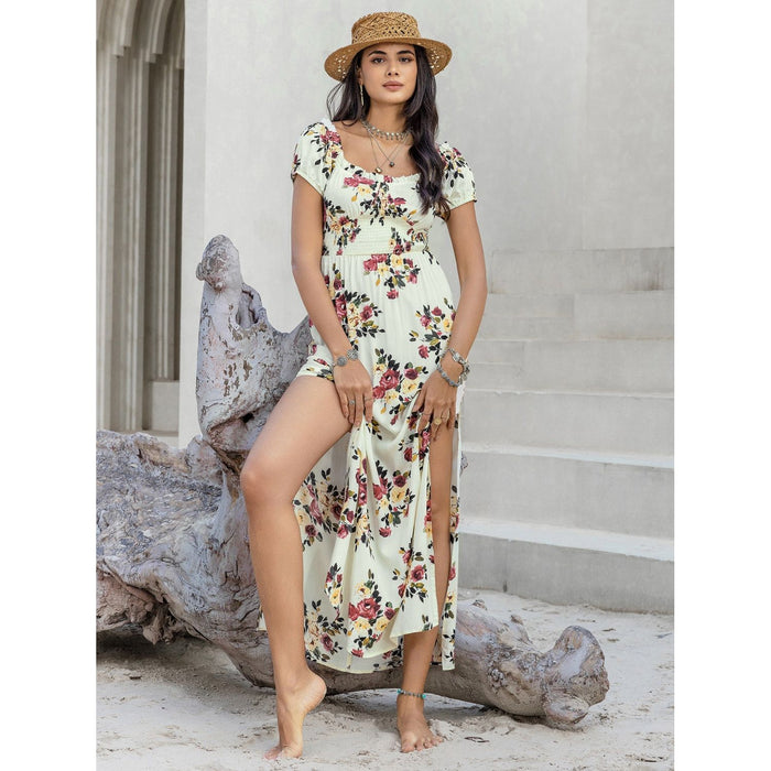 Tied Slit Floral Short Sleeve Dress