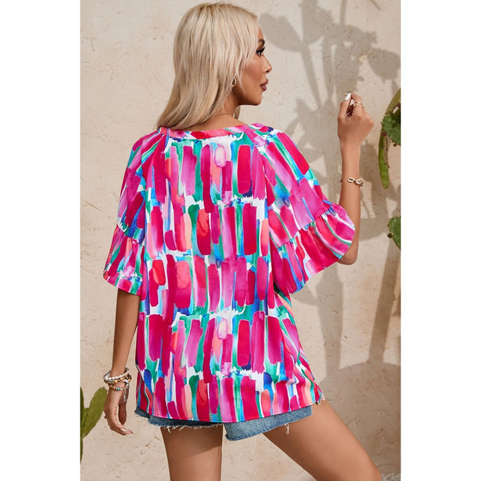 Printed Notched Half Sleeve Blouse