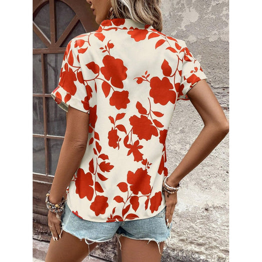 Flower Notched Short Sleeve Blouse