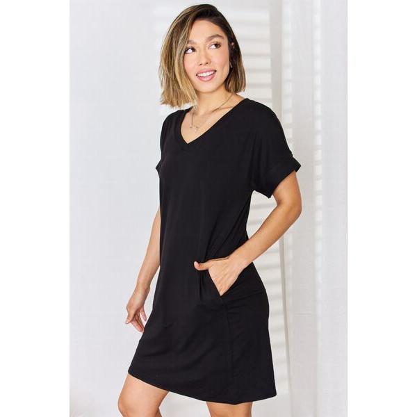 Zenana | Rolled Short Sleeve V-Neck Dress in Black