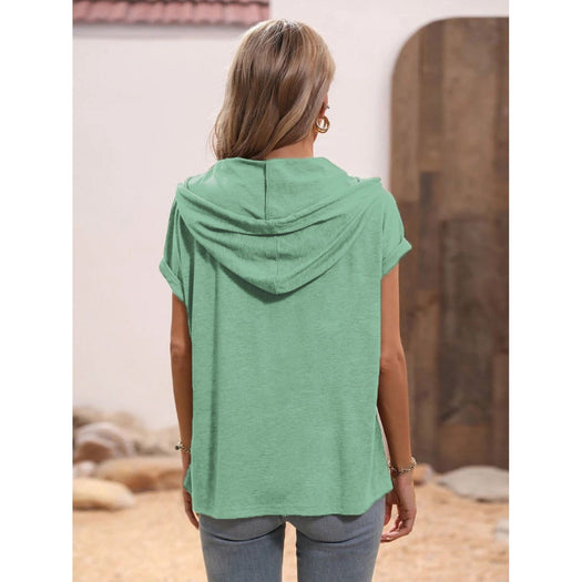 Half Button Hooded Short Sleeve Blouse