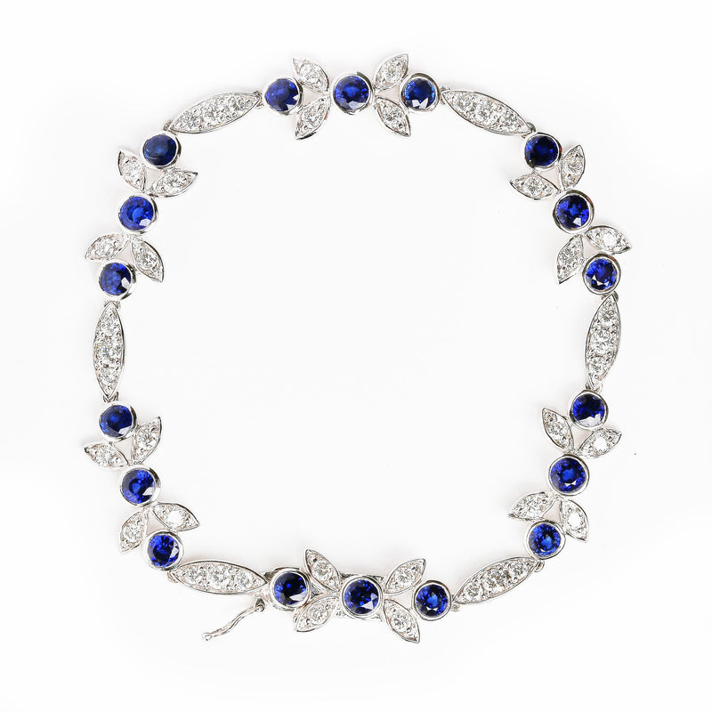 Bids.com 18K White Gold 1 3/4 Cttw Diamond and 3x3mm Round Blue Sapphire Gemstone Floral Link Bracelet (G-H Color, SI1-SI2 Clarity) - Size 7" Bracelets