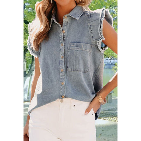 Raw Hem Button Up Cap Sleeve Denim Top