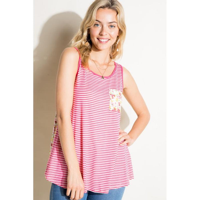 Plus Stripe Floral Pocket Tank Top