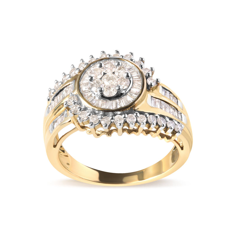 Bids.com 10K Yellow Gold 1 Cttw Round and Baguette cut Diamond Cluster Swirl Band Ring (H-I Color, I1-I2 Clarity) - Ring Size 7 Rings