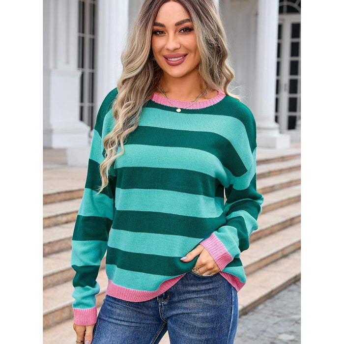 Striped Round Neck Dropped Shoulder Sweater