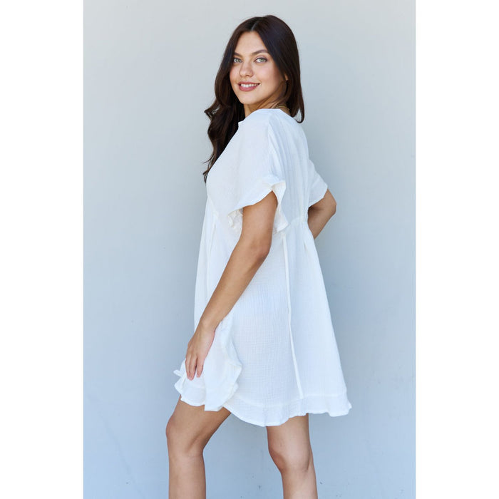 Ruffle Hem Dress with Drawstring Waistband in White