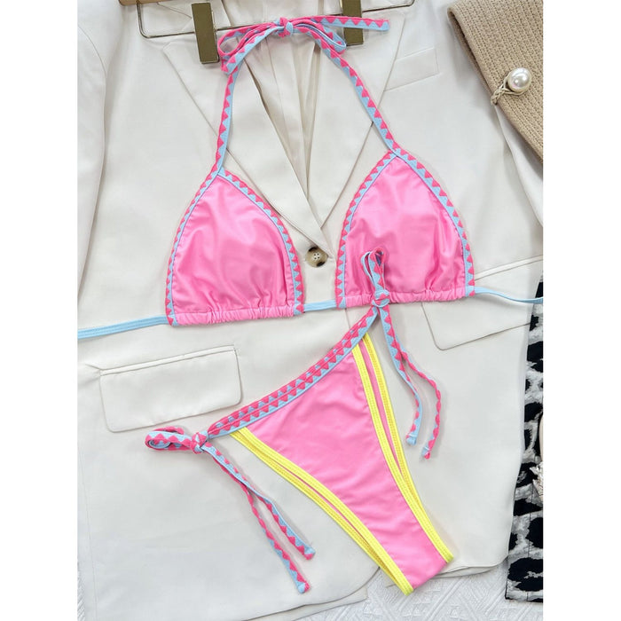 Contrast Trim Halter Neck Bikini Set