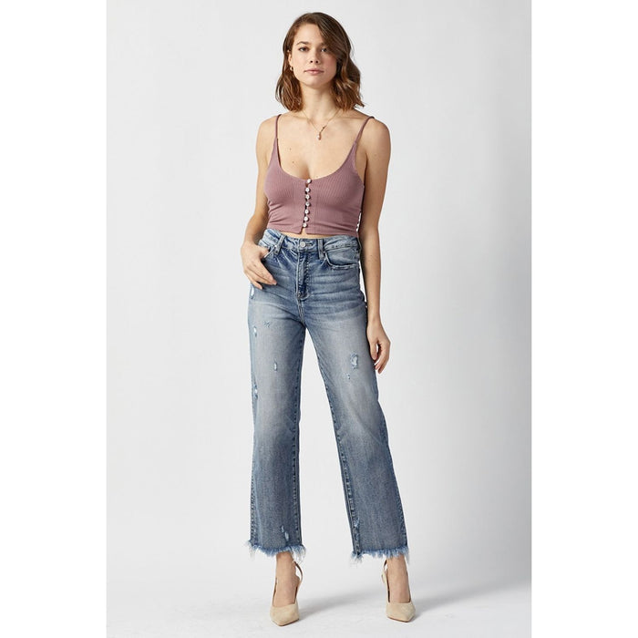 RISEN High Waist Raw Hem Straight Jeans