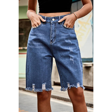 Raw Hem High Waist Denim Shorts with Pockets