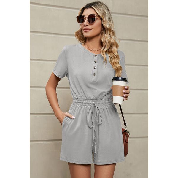 Drawstring Half Button Short Sleeve Romper