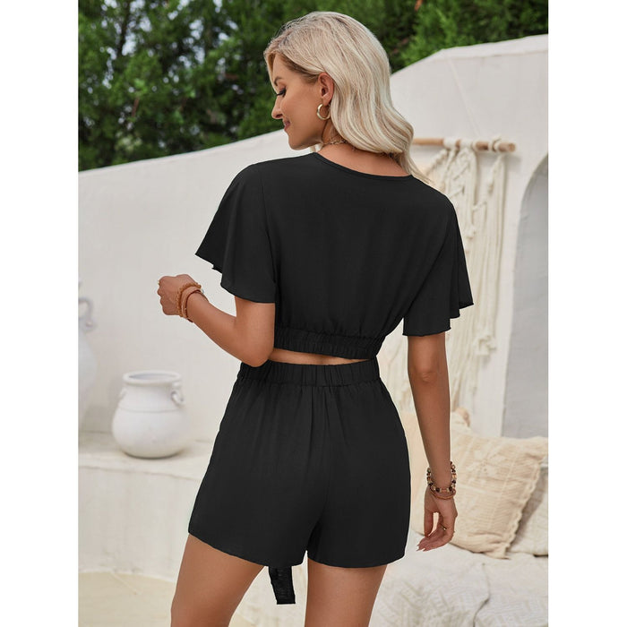 Surplice Flutter Sleeve Top and Tied Shorts Set