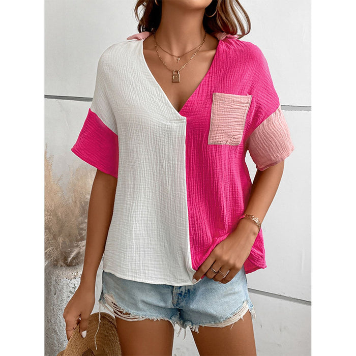 Color Block Johnny Collar Short Sleeve Blouse