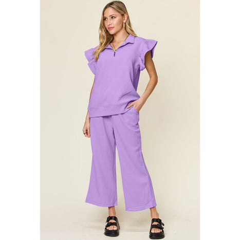 Texture Ruffle Short Sleeve Top and Drawstring Wide Leg Pants Set