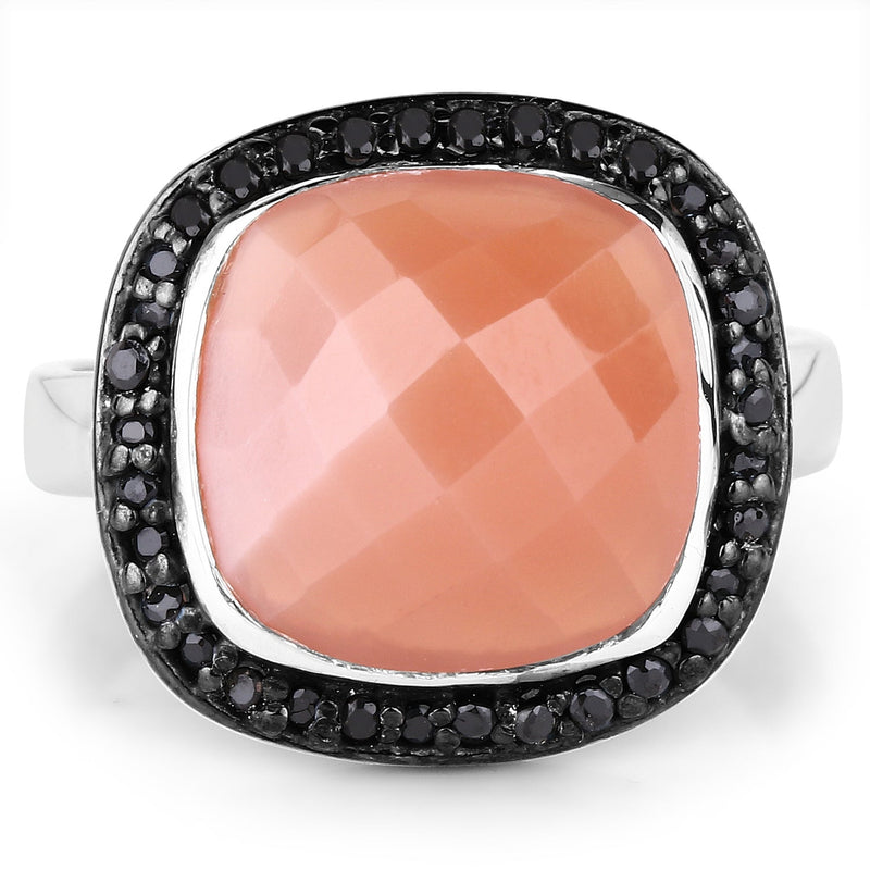 Bids.com 6.46 Carat Genuine Peach Moonstone and Black Spinel .925 Sterling Silver Ring Rings