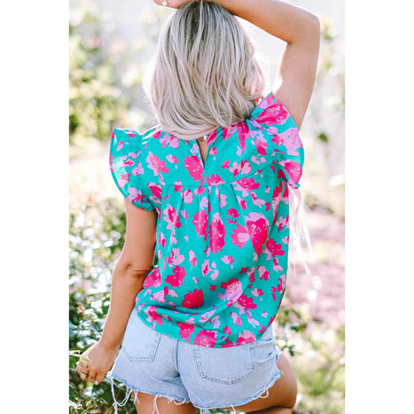 Ruffled Printed Mock Neck Cap Sleeve Blouse