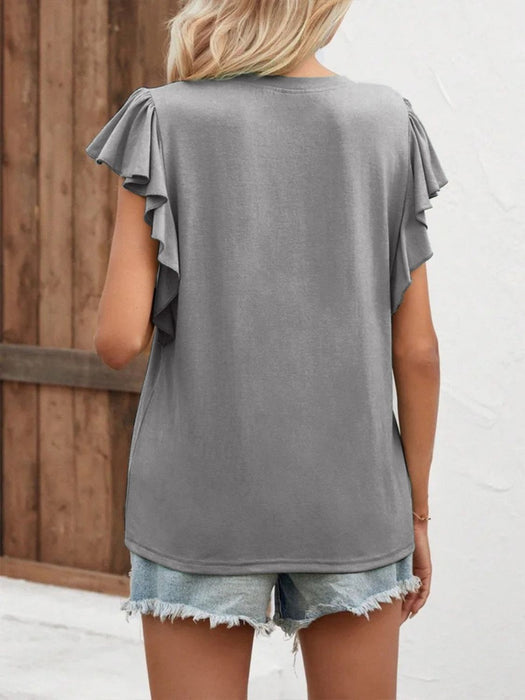 Ruffled Notched Cap Sleeve T-Shirt