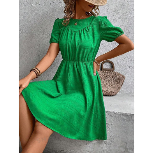 Ruched Round Neck Short Sleeve Mini Dress