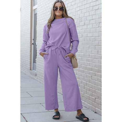 Double Take | Textured Long Sleeve Top and Drawstring Pants Set