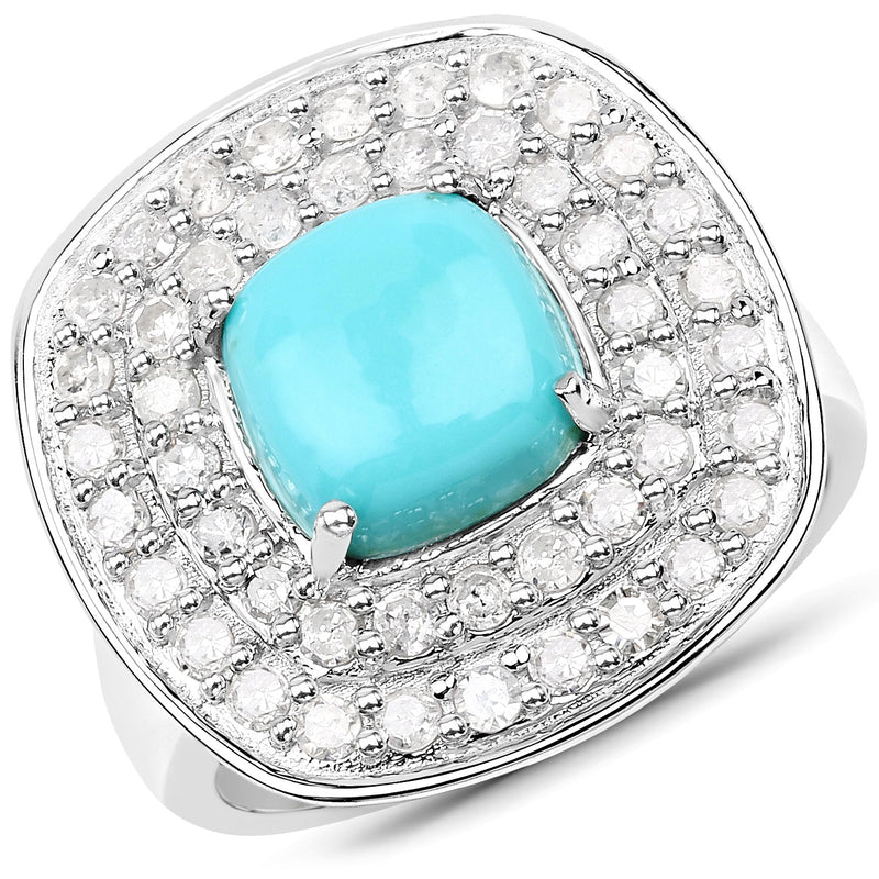Bids.com 2.80 Carat Genuine Turquoise and White Diamond .925 Sterling Silver Ring Rings