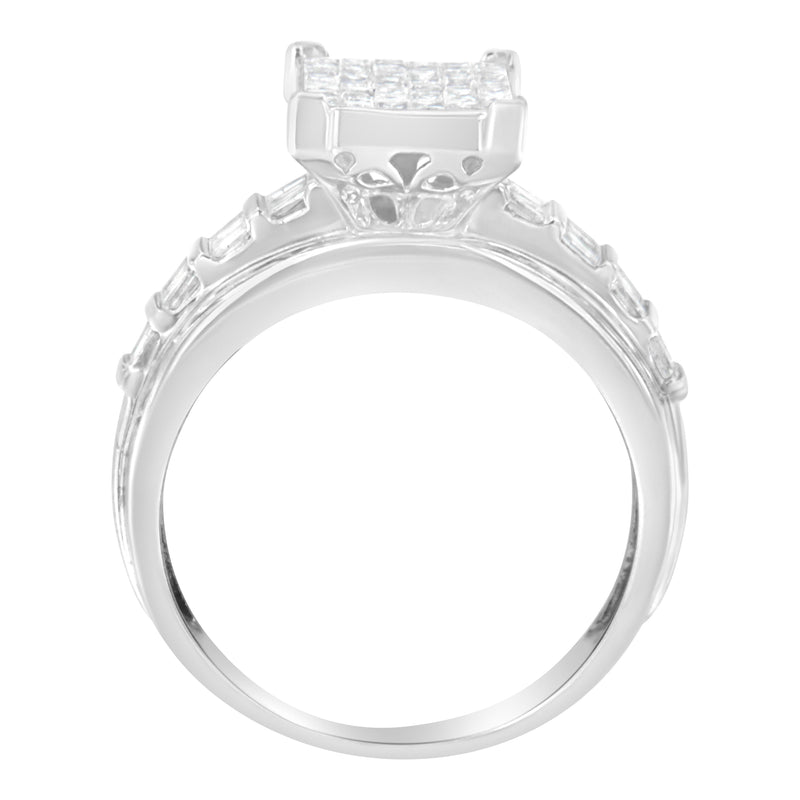 Bids.com 14K White Gold 2.0 Cttw Mixed-Cut Diamond Rectangle Invisible-Set Composite Cluster Ring with Bar- and Channel-Set Band (H-I Color, SI2-I1 Clarity) - Size 5 Rings