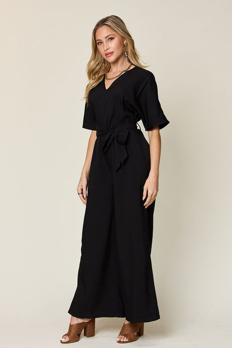 Double Take V-Neck Tie Front Short Sleeve Slit Jumpsuit