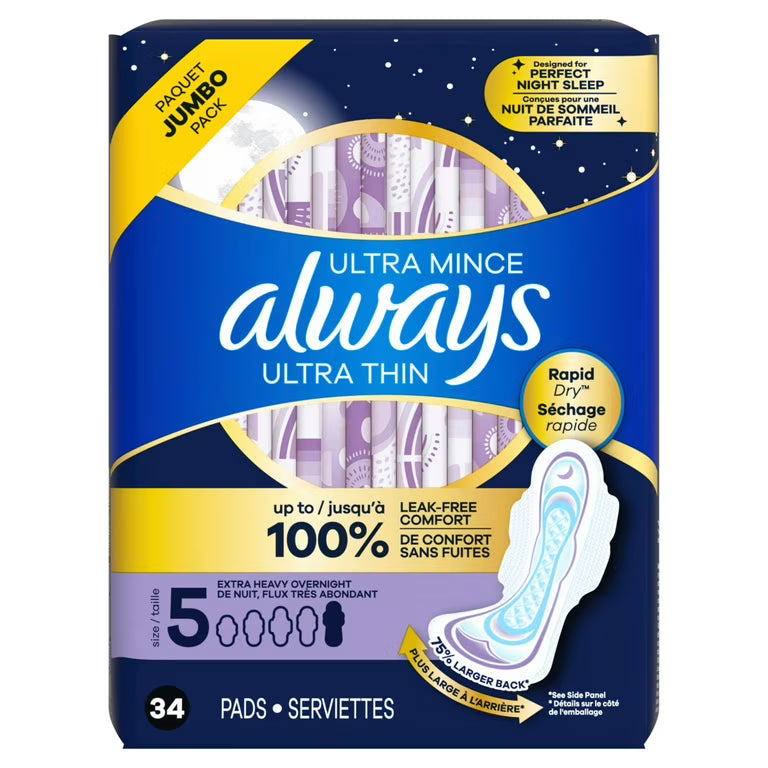 Always Always Ultra Thin Size 5 Extra Heavy Overnight Pads with Wings 3 Packs of 34 Feminine Pads & Protectors