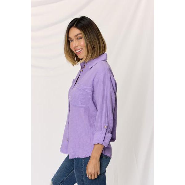 Zenana Texture Button Up Raw Hem Long Sleeve Shirt