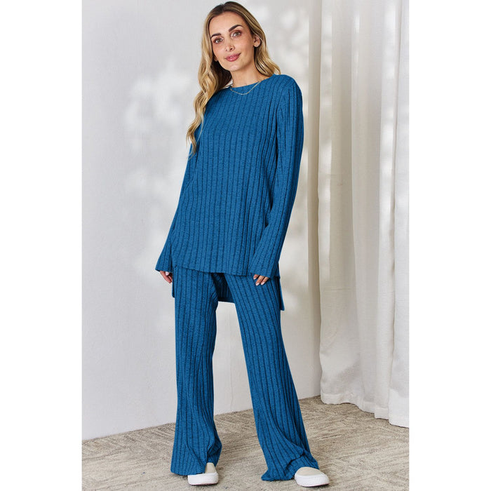 Basic Bae Ribbed High-Low Top and Wide Leg Pants Set