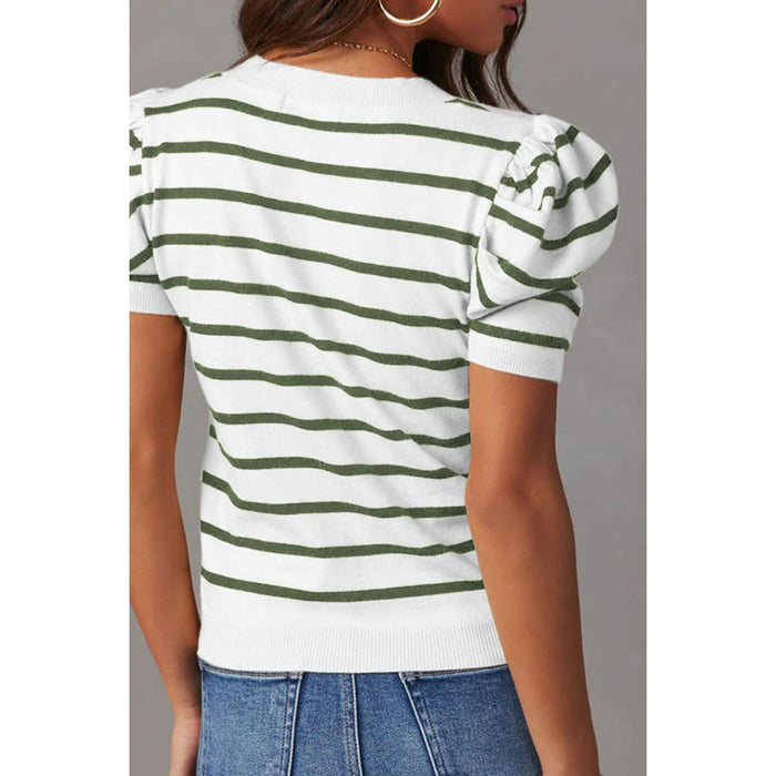 Striped Round Neck Puff Sleeve Knit Top