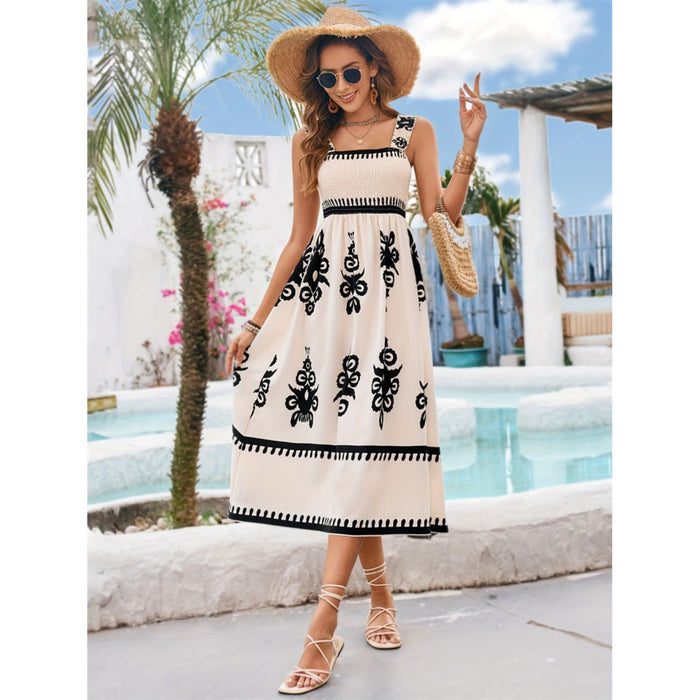 Printed Square Neck Wide Strap Midi Dress