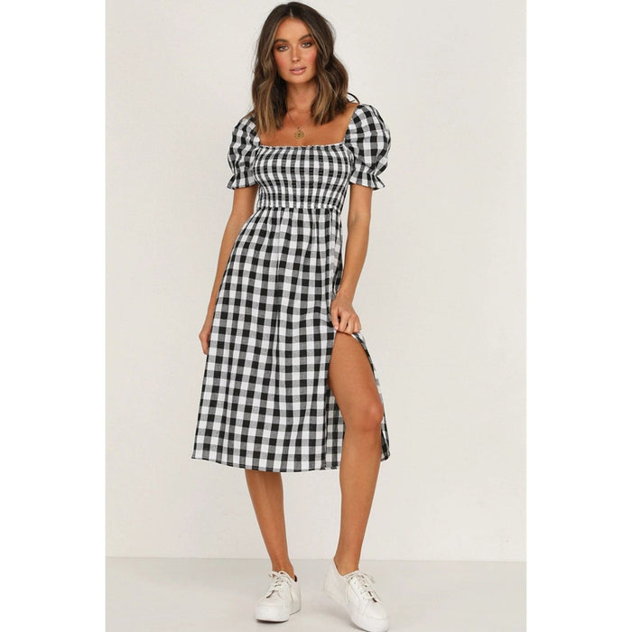 Full Size Slit Plaid Short Sleeve Midi Dress