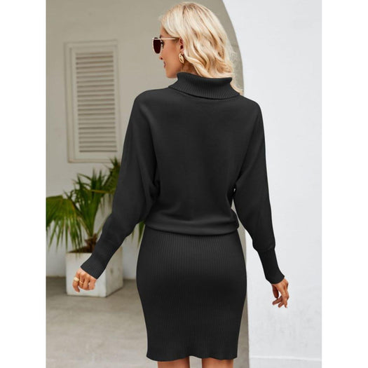 Turtle Neck Long Sleeve Ribbed Sweater Dress