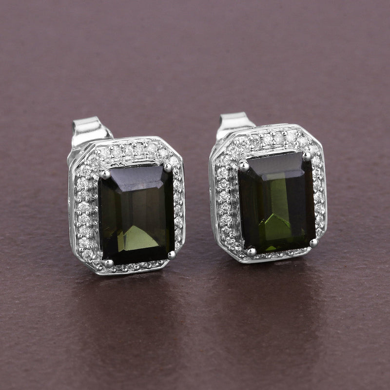 Bids.com 3.57 Carat Genuine Green Tourmaline and White Diamond 14K White Gold Earrings Earrings