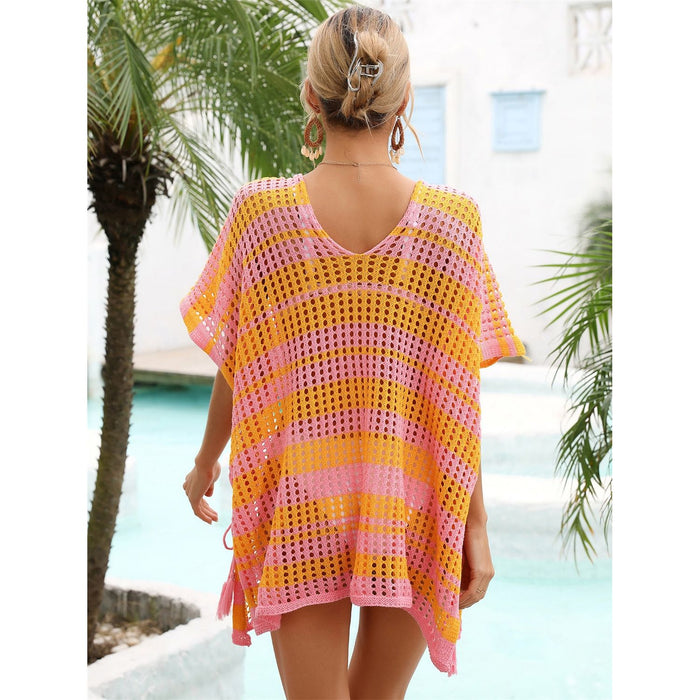 Tassel Openwork Striped V-Neck Cover Up