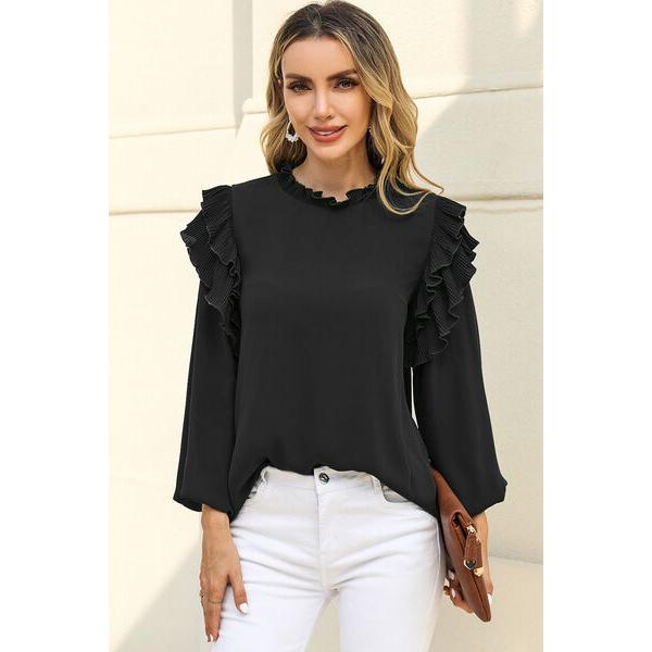 Ruffled Round Neck Long Sleeve Blouse